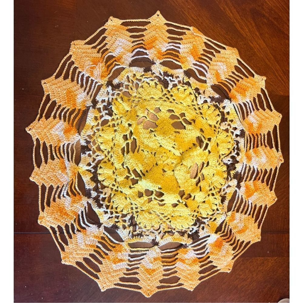 Handmade 16” doily orange yellow spiral retro inspired 70’s